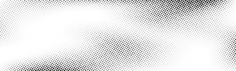 Grunge halftone background. Faded grit noise gradient texture. Black and white sand wallpaper. Wide retro pixelated backdrop. Anime or manga comic style overlay. Halftone gritty frame. Vector