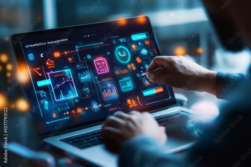 Poster A businessman using a laptop with a futuristic user interface for analyzing data, making decisions, and managing projects.