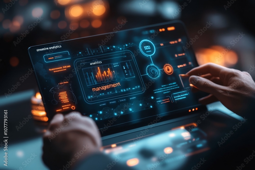 Poster Close up of a hand interacting with a futuristic digital display on a laptop showing analytics and management data.