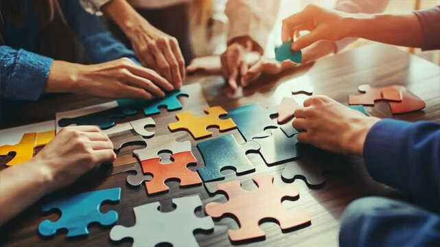 A group of people are working together to solve a jigsaw puzzle