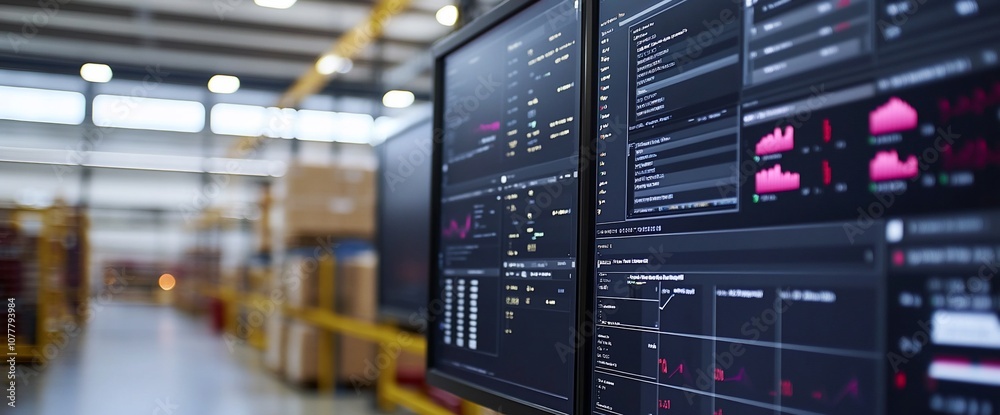 Poster A large computer monitor with multiple graphs and data on screen, in a blurry warehouse setting.