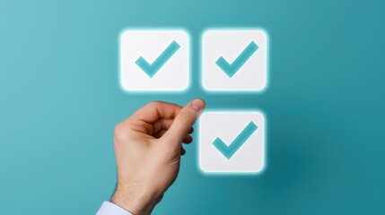 A hand is selecting checked boxes on a turquoise background, symbolizing completion and task management.