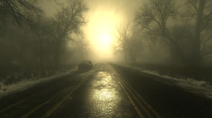 Fototapeta premium A lone car drives on a foggy road with sun shining through the trees.