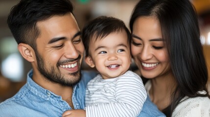 Fototapeta premium 笑顔の子どもを抱く父親と、寄り添う母親の心温まる家族のひととき