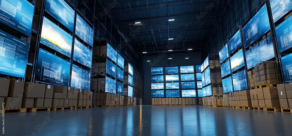 Aufkleber A large warehouse with rows of cardboard boxes and screens displaying data.