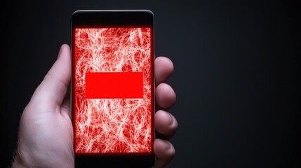 A hand holds a smartphone displaying a chaotic red and white screen, hinting at a glitch or error.