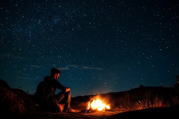 A Solitary Figure Contemplates the Starry Night by a Campfire