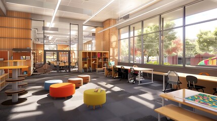 A classroom with flexible learning zones, including a reading nook, creative arts area, and collaborative workspace.