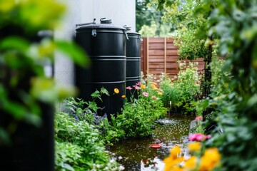 Black Rain Barrels and Lush Garden Surrounding a Small Pond