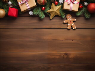 Christmas themed flat lay with gifts ornaments and wooden background