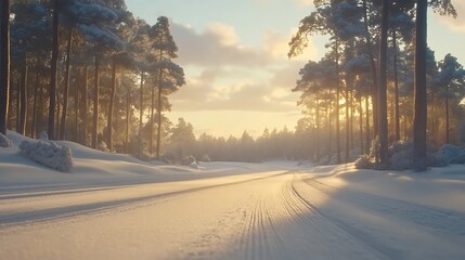 Obraz premium Snow-Covered Forest Path with Sunlight Streaming Through Trees