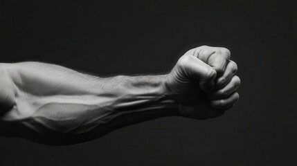 A close-up of a clenched fist, showcasing muscular definition and prominent veins, set against a dark background.