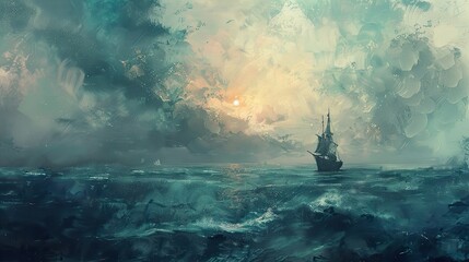 Fototapeta premium Dramatic Sunset Over the Ocean with a Sailing Ship