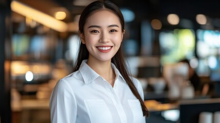 Obraz premium 温かみのある照明の中で明るい笑顔を見せるフレンドリーなカフェやレストランのスタッフ