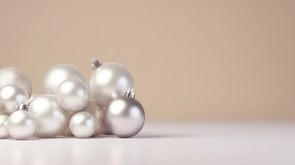 Silver balls on a pastel background. minimalism and modern Christmas background. space for text