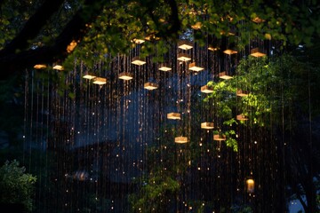 Illuminated Squares Hanging Amidst Falling Rain in a Lush Forest