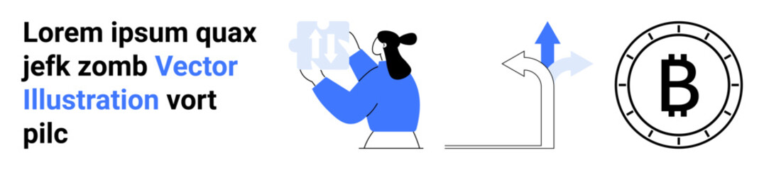 Character holds gears, directional arrow represents progress, Bitcoin symbol alludes to digital currency. Ideal for technology, finance, direction, innovation, cryptocurrency, modern design