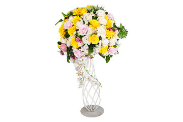 Bridal wedding bouquet on white iron stand isolated on cut out PNG or transparent background. Stunning green, white flowers roses wildflowers. Multi-colored flower bouquet for wedding interior.