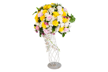 Bridal wedding bouquet on white iron stand isolated on cut out PNG or transparent background. Stunning green, white flowers roses wildflowers. Multi-colored flower bouquet for wedding interior.