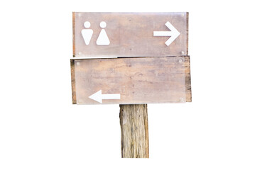 Signs modern public toilet or bathroom sign brown wooden with white arrows pointing way isolated on cut out PNG or transparent background. Symbol notifying people. Of men, women, people with icon.