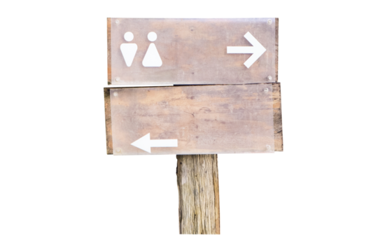 Signs modern public toilet or bathroom sign brown wooden with white arrows pointing way isolated on cut out PNG or transparent background. Symbol notifying people. Of men, women, people with icon.