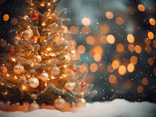 Soft focus Christmas tree with lights red and gold background with space for text