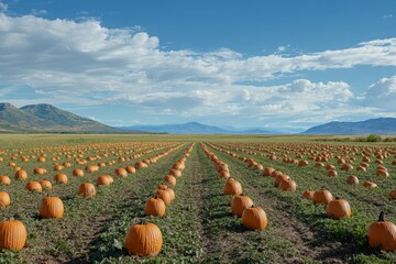 Rows of Pumpkins in a Field with Mountain Range in the Background