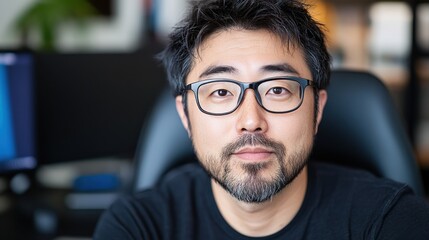 Fototapeta premium 自然光が差し込むモダンなオフィス環境で集中して仕事をする日本人男性
