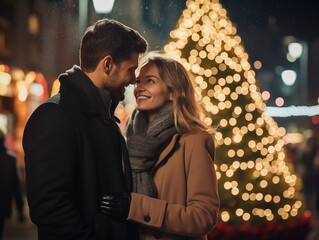 Beautiful young couple in front of decorated Christmas tree celebrating new year outdoors