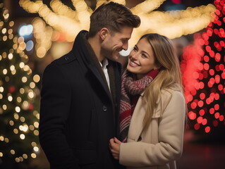 Beautiful young couple in front of decorated Christmas tree celebrating new year outdoors