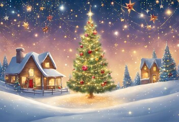 Obraz premium A charming winter scene with a glowing Christmas tree, cozy cottages, and a magical snowfall. The twinkling lights create a festive ambiance.