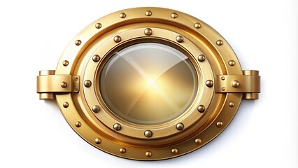Obraz premium A Polished Brass Porthole with a Gleaming Circular Glass Pane, Surrounded by a Ring of Decorative Rivets