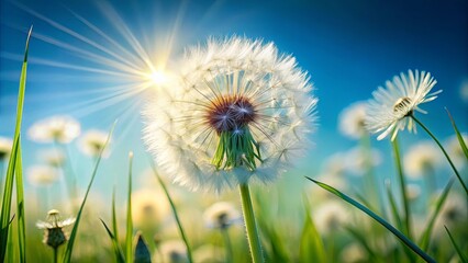 Sunlit Dandelion Bloom Against Blue Sky, Surrounded by a Field of White Flowers and Vibrant Green Grass
