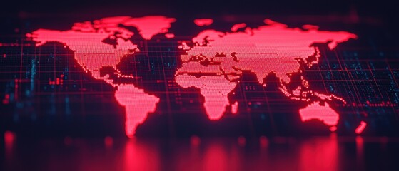 Fototapeta premium A vibrant red digital world map with binary code accents, symbolizing global connectivity and data flow in a modern tech context.