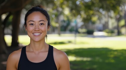 太陽の光が差し込む公園で笑顔の女性と元気に春のジョギング