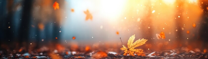 A close-up view of a golden maple leaf surrounded by softly falling leaves creates a serene autumn atmosphere, Ideal for seasonal content, nature themes, or backgrounds in promotional materials,