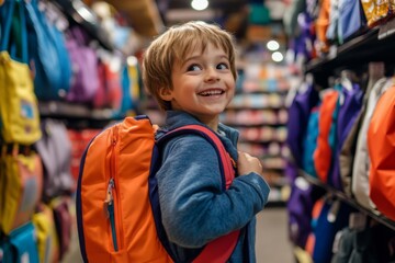 Obraz premium Boy Smiles While Choosing A Backpack In A Store