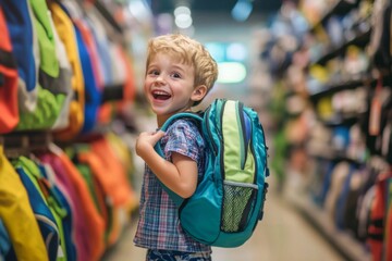 Obraz premium Boy Smiling with Backpack in Store Aisle