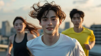 Obraz premium 自然光の中で屋外を走る元気な日本人男性と女性