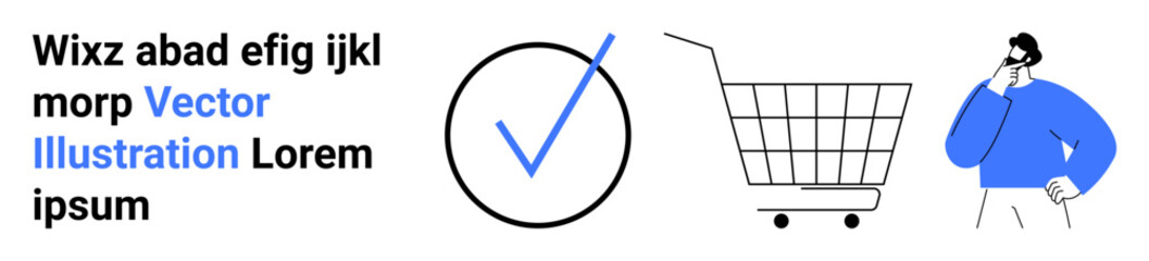 Businessman with blue sweater pondering beside shopping cart and check mark. Ideal for e-commerce, business strategy, decision making, marketing, online shopping, customer service, product