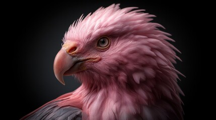 A close-up of a vibrant pink bird showcasing intricate feather details and unique facial features, This striking image is perfect for educational materials, wildlife publications, or art projects,