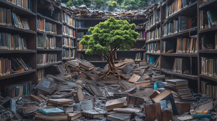 Obraz premium A lone tree grows amidst the ruins of a library, symbolizing hope and resilience.