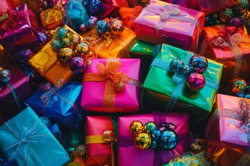 Fototapeta premium A Pile of Colorful Wrapped Gifts with Decorative Ornaments