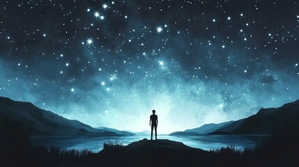A silhouette of a person gazes at a starry night sky over a tranquil landscape.