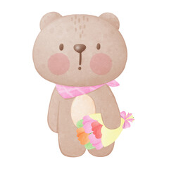 Cute bear and bunch of flowers