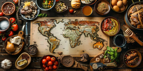 Global culinary ingredients displayed around a vintage world map on a wooden table
