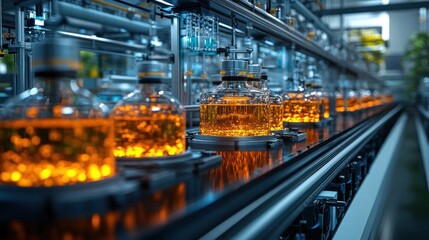 Obraz premium Bottles of glowing liquid on a production line in a lab setting.