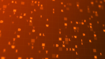 Orange glowing letters and numbers matrix abstract background, horizontal composition. Technology background.