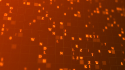 Orange glowing letters and numbers matrix abstract background, horizontal composition. Technology background.