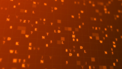 Orange glowing letters and numbers matrix abstract background, horizontal composition. Technology background.